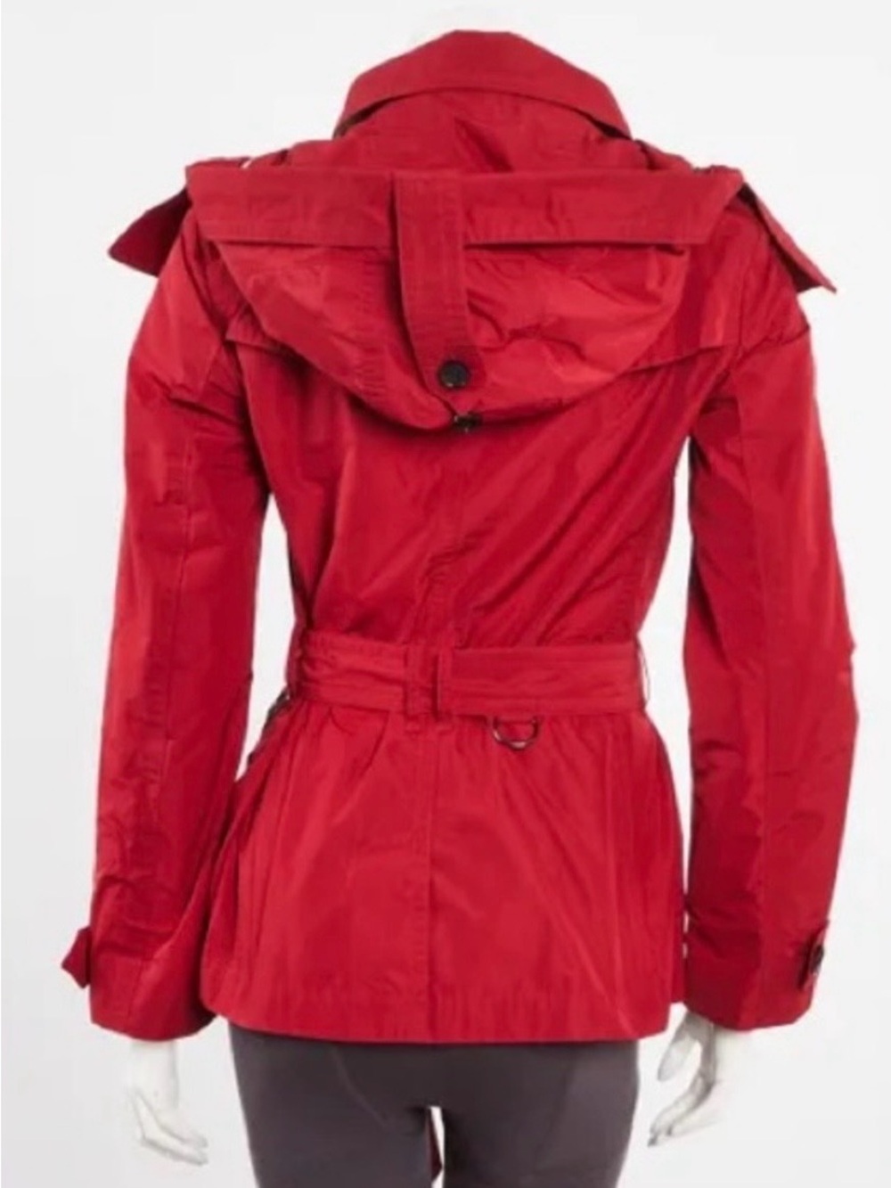 Burberry Balmoral Red Short Trench Coat Hooded Belted Jacket US 14 EUC - Picture 2 of 16